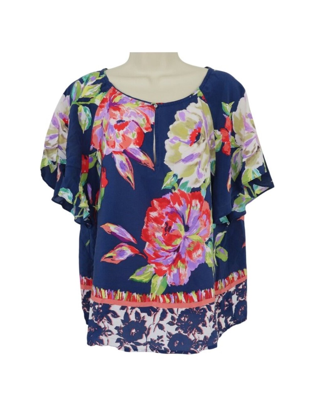 Maeve Women 10 Blue Floral Flower Print All Silk Keyhole Front Shirt Top Blouse
